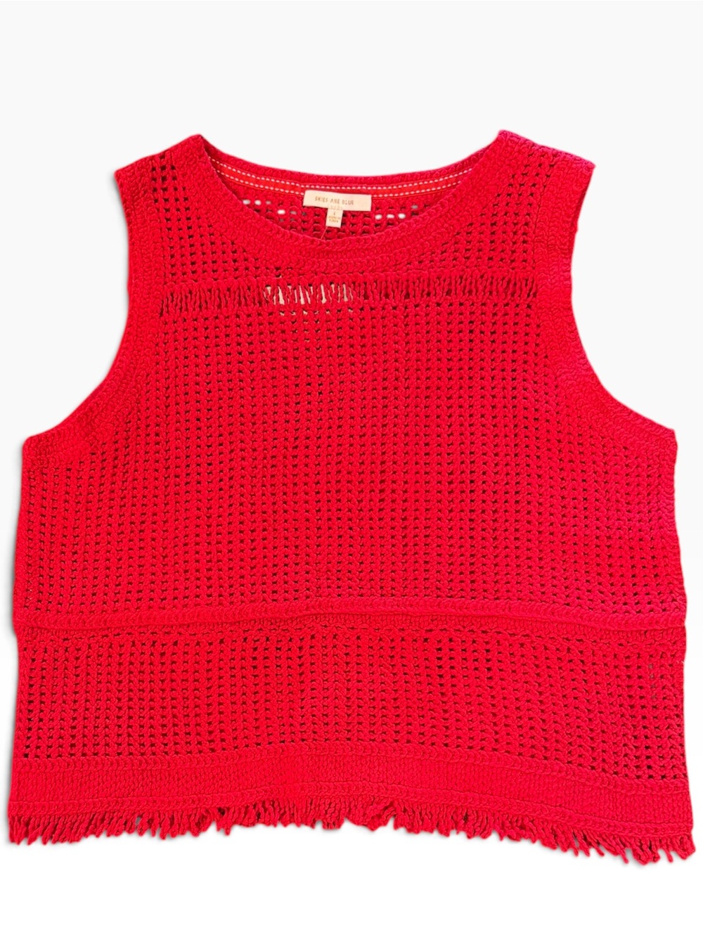 Skies Are Blue Red Crochet Fringe Crop Top